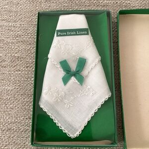 Pure Irish Linen Handkerchief with Green Bow